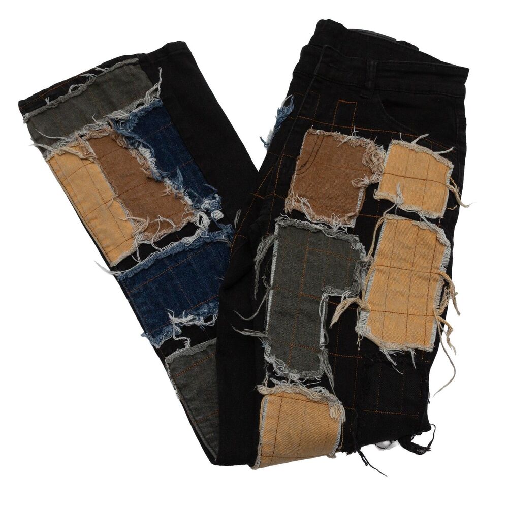 Watson Sosoo71 Patchwork Distressed Flare Jeans Black Size 28 Grunge Y2K Goth